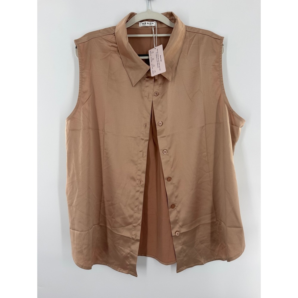 Mawor Women 2XL Tan Satin Sleeveless Button Down Blouse Top NWT